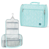 PAVILIA teal chevron hanging toiletry bag keeps cosmetics organized on the go.