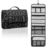 PAVILIA travel hanging toiletry bag front view with extra capacity for toiletries on trips.