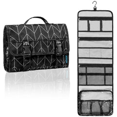 PAVILIA travel hanging toiletry bag front view with extra capacity for toiletries on trips.