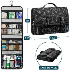 PAVILIA travel hanging toiletry bag interior view showing organized compartments for quick access.