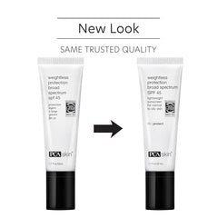 PCA SKIN Weightless Protection SPF 45 texture close-up shows a sheer, blendable finish.