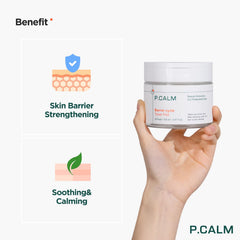 Packaging label of P.CALM Barrier Cycle Toner Pad with Centella and Papaya Extract.