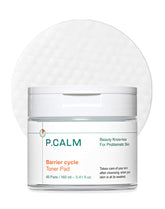 P.CALM Barrier Cycle Toner Pad packaging shows a vegan, calming routine for sensitive skin.