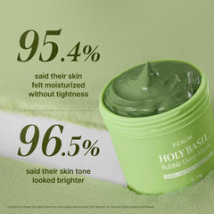 PCALM Holy Basil Bubble Deep Mask shows clay-to-bubbles transition during use.