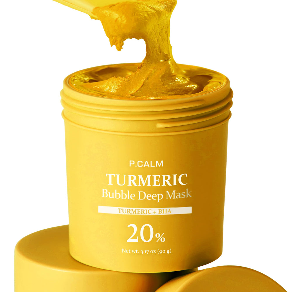 P.CALM Turmeric Bubble Deep Mask during application shows clay-to-bubble transformation for cleansing.