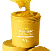 P.CALM Turmeric Bubble Deep Mask during application shows clay-to-bubble transformation for cleansing.