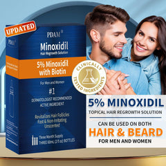 Pdam Minoxidil packaging closeup with bottle and label.