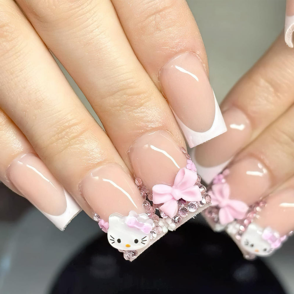 PDFADSK French tip press-on nails square medium with glossy white finish for effortless manicure
