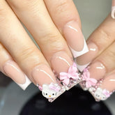 PDFADSK French tip press-on nails square medium with glossy white finish for effortless manicure