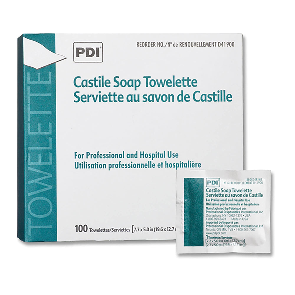 PDI Castile Soap Towelettes box with 100 packets for easy stocking and distribution.