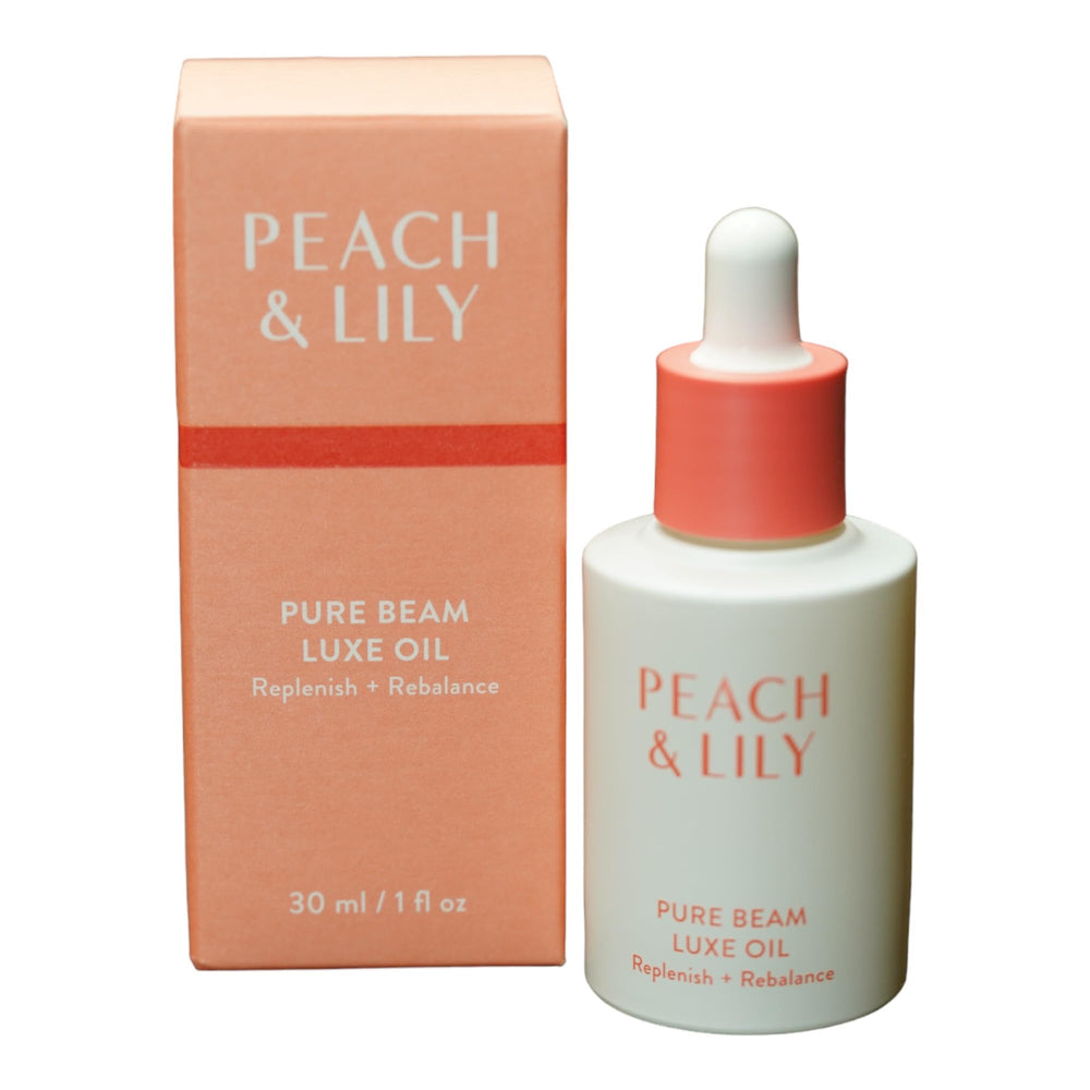Peach & Lily Pure Beam Luxe Oil bottle close-up for radiant, balanced skin