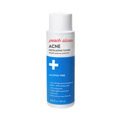 Peach Slices acne toner bottle demonstrating gentle, blemish-control action.