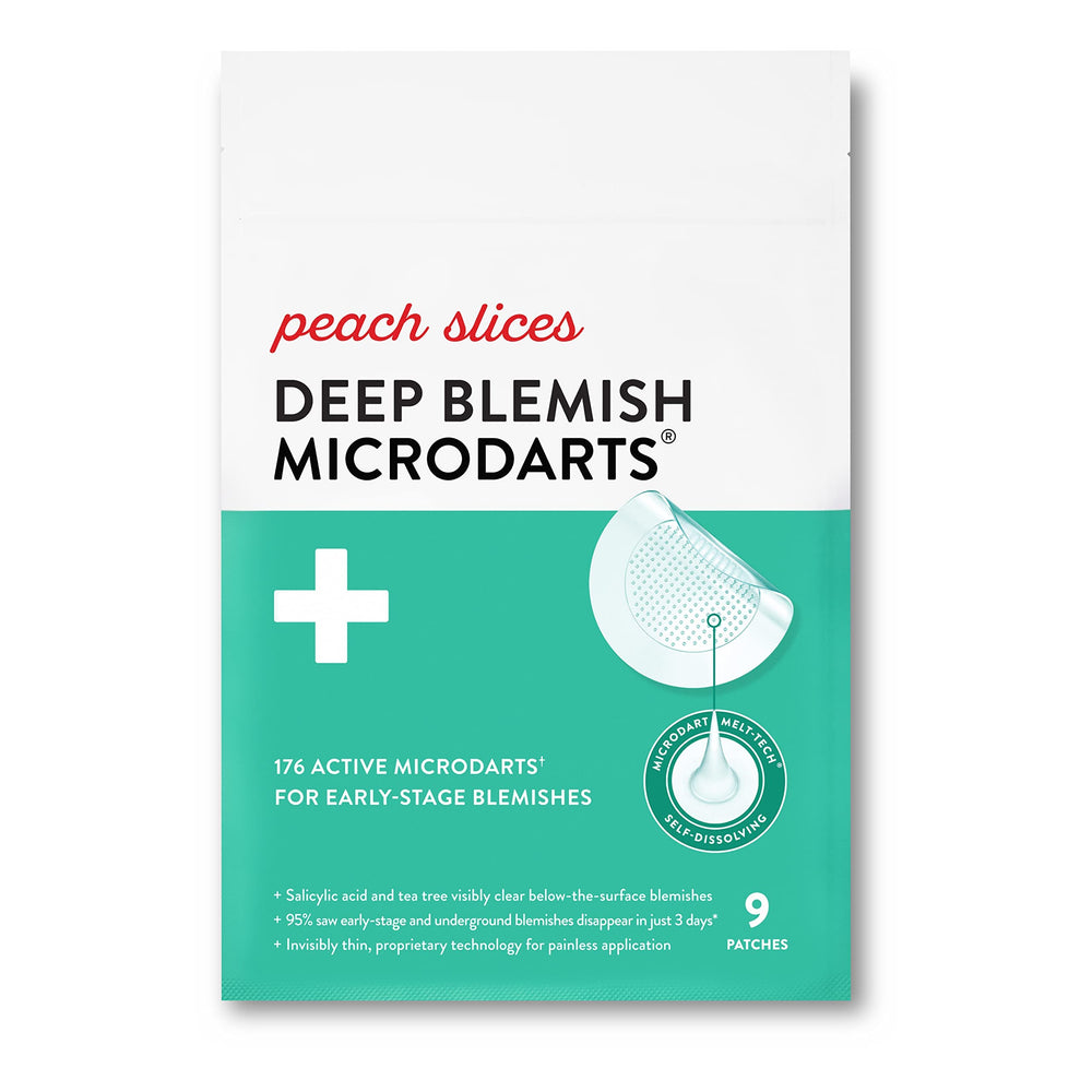 Peach Slices patch applied to skin targeting a blemish with actives.