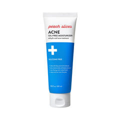 Peach Slices oil-free moisturizer bottle front showing fast absorption and satin-matte finish