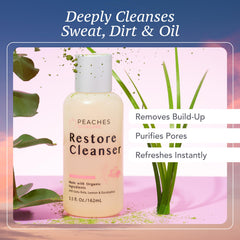 Peaches Skin Care label detail highlights vegan formula and key botanicals.