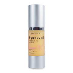 Peaches Skin Care Squeezed Vitamin C Serum bottle closeup showing lightweight texture