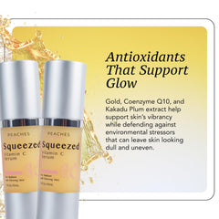 Peaches Skin Care Squeezed Vitamin C Serum uneven tone illustration suggesting clearer complexion