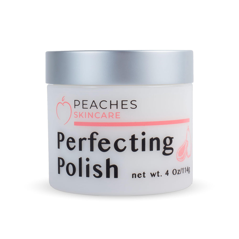 Peaches Skin Care Vegan Exfoliating Scrub bottle pour for gentle exfoliation.