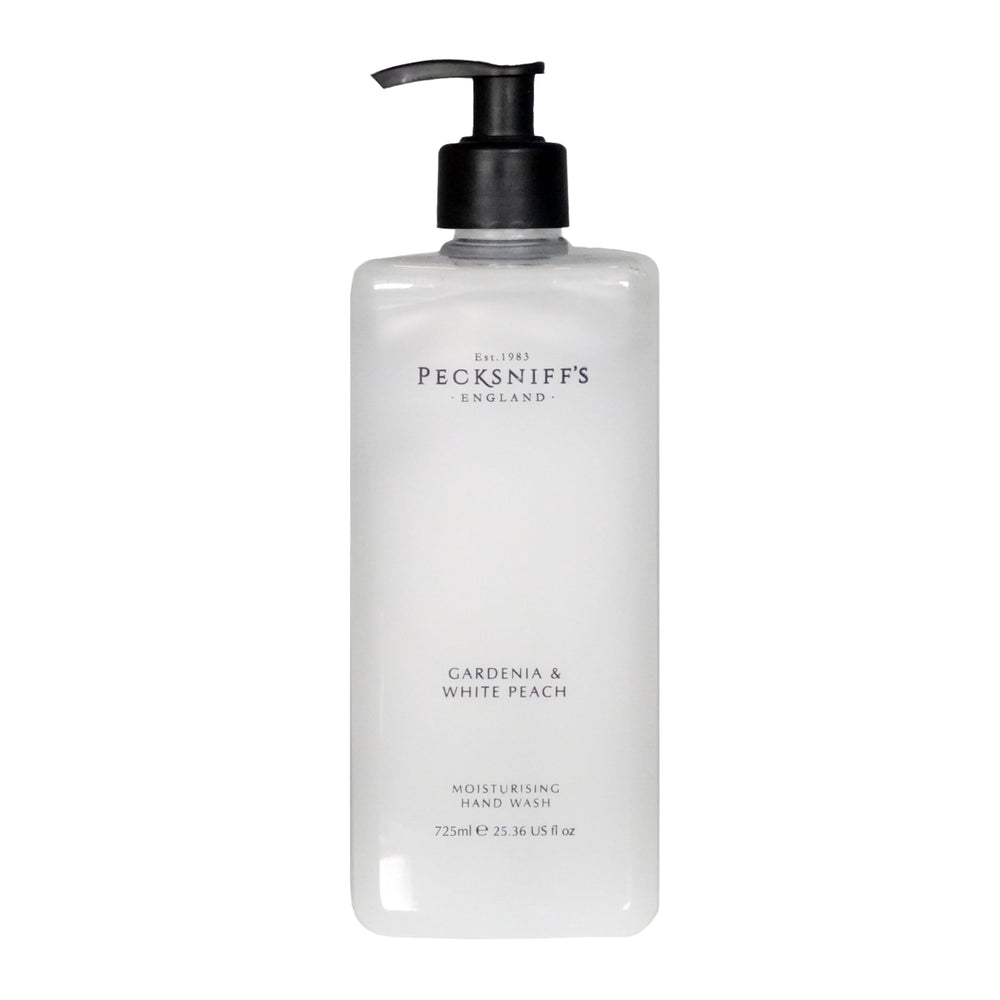 Pecksniff's Gardenia & White Peach hand wash bottle with luxurious fragrance.