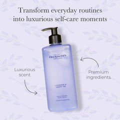 Pecksniff's Lavender & White Tea hand wash label highlights premium scent and quality.