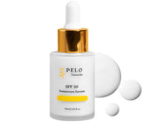 PELO Naturals SPF 50 Serum bottle close-up showing portable sun protection.