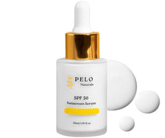 PELO Naturals SPF 50 Serum bottle close-up showing portable sun protection.