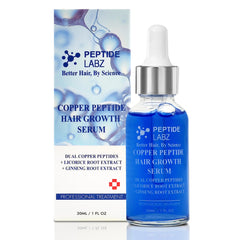 PeptideLabz Copper Peptide Hair Serum bottle showcases daily scalp care for fullness.