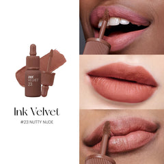 Peripera Ink The Velvet Lip Tint lip swatch reveals long-wear color with minimal transfer.