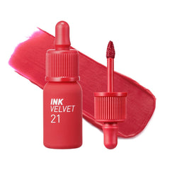 Peripera Ink the Velvet Lip Tint Vitality Coral Red swatch shows vivid long-lasting color