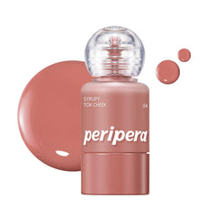 Peripera Syrupy Tok Cheek Sunshine Fig bottle swatch showing dewy glow
