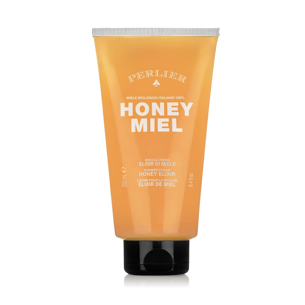 Perlier Honey Elixir Shower Gel bottle provides gentle cleansing for silky, hydrated skin.