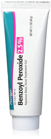 Perrigo benzoyl peroxide gel 60g tube closeup for targeted acne care.