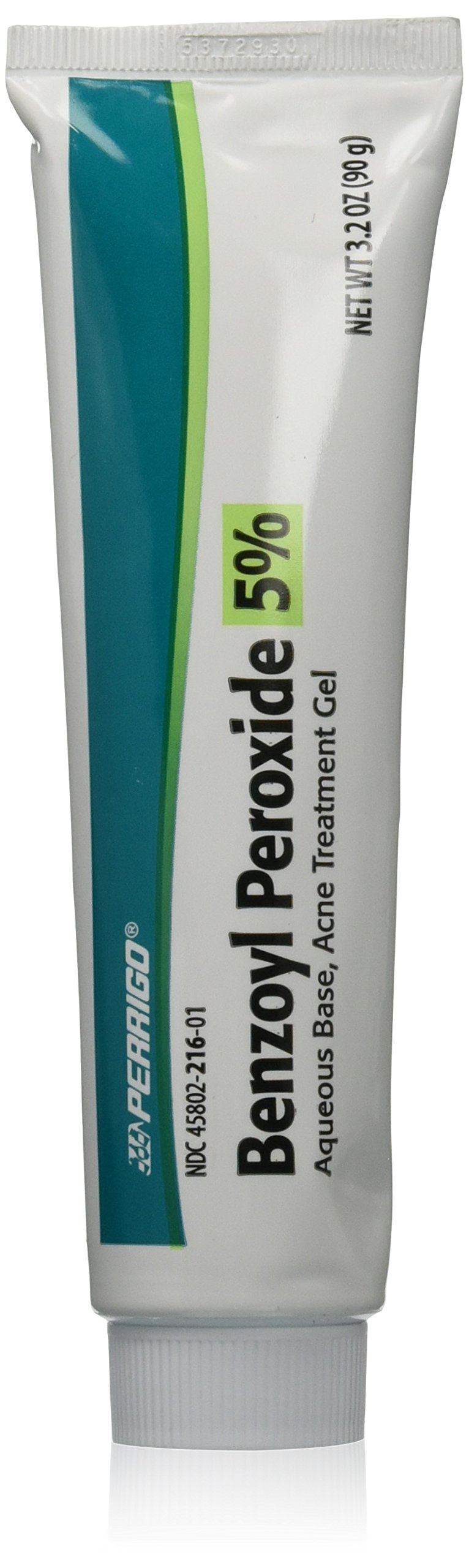 Perrigo benzoyl peroxide 5 percent 90 g tube label showing active ingredient and usage