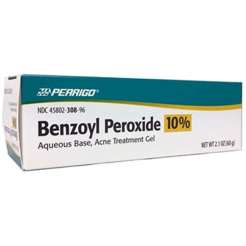 Perrigo 10% benzoyl peroxide acne gel bottle for targeted blemish relief and daily cleansing.