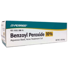 Perrigo 10% benzoyl peroxide acne gel bottle for targeted blemish relief and daily cleansing.