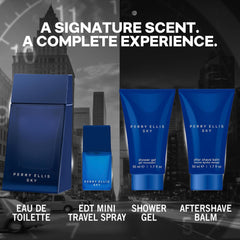 Perry Ellis Sky aftershave balm application, smooth skin with cooling undertones.
