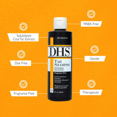 Cap close-up on DHS Tar Shampoo emphasizing precise dosing.