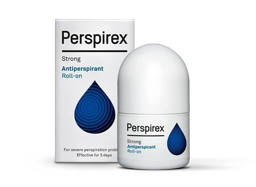 Perspirex Strong 20ml bottle offers discreet protection against sweat and odor.