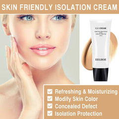 PERVALA CC cream swatch demonstrates color correction and natural glow on skin.
