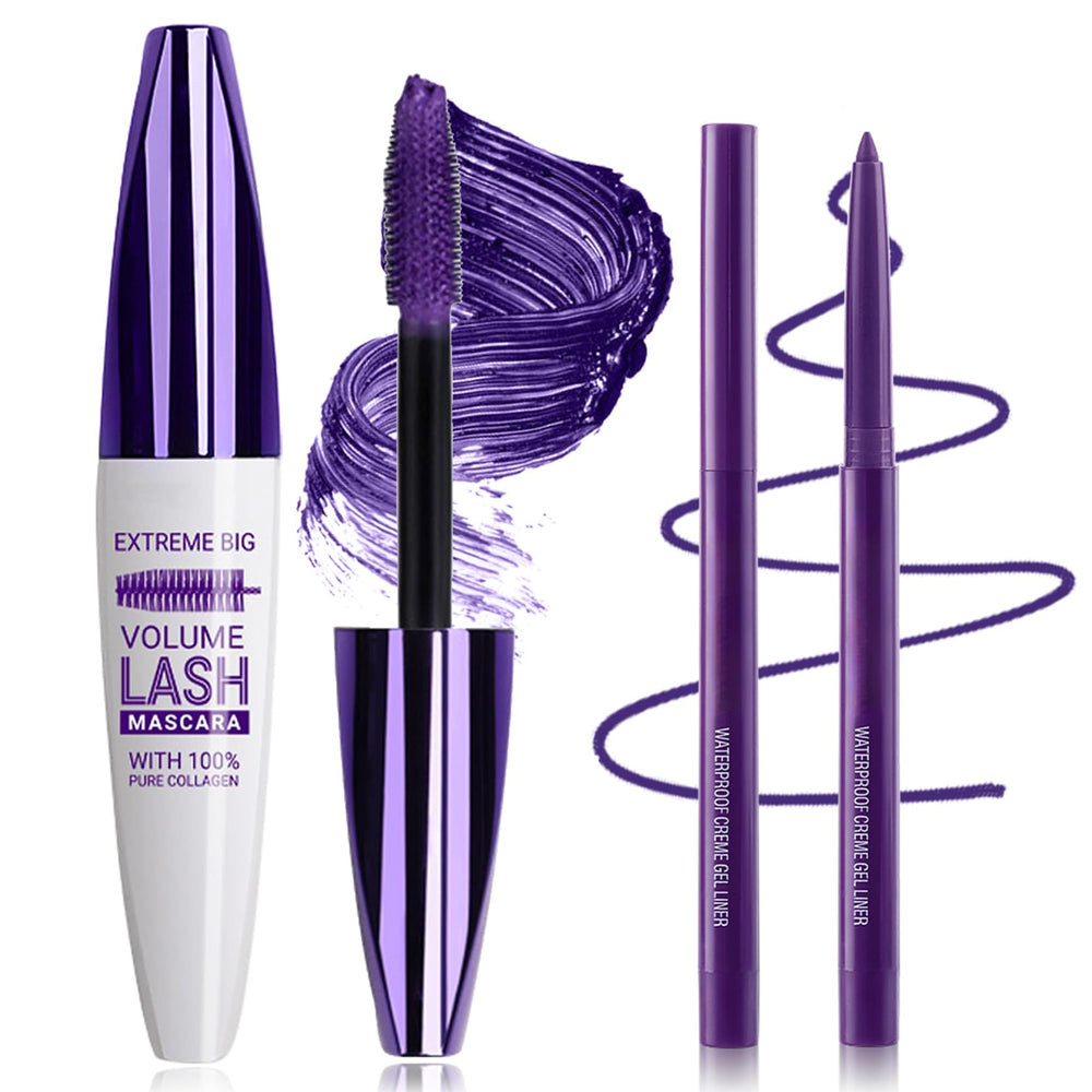 PERVALA purple mascara and eyeliner set shows 5D volume for defined, bright lashes.