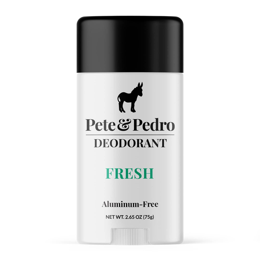 Pete & Pedro Fresh deodorant bottle shows aluminum-free formula for all-day protection.