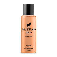 Pete & Pedro Treat argan-oil bottle demonstrating deep hydration for soft, strong hair