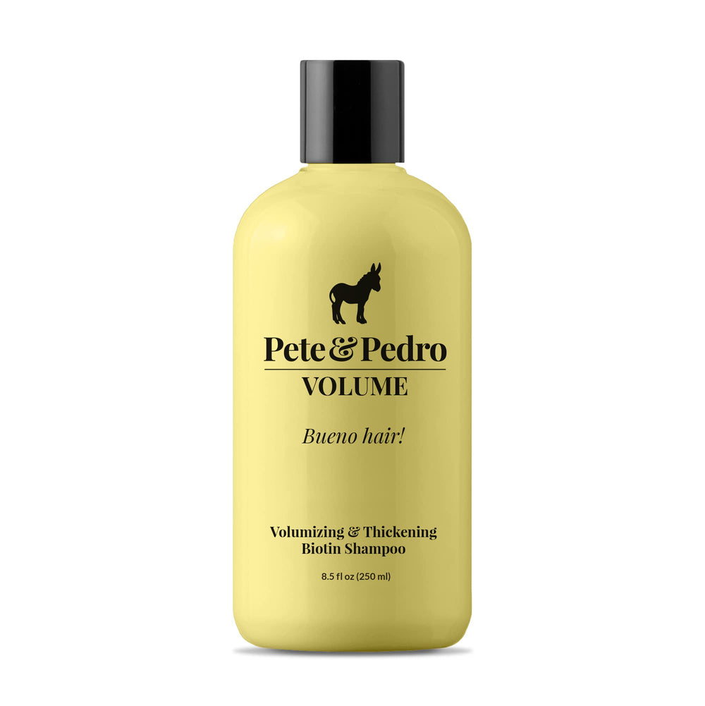 Pete & Pedro Volume Shampoo bottle front, signaling weightless volume for fuller hair