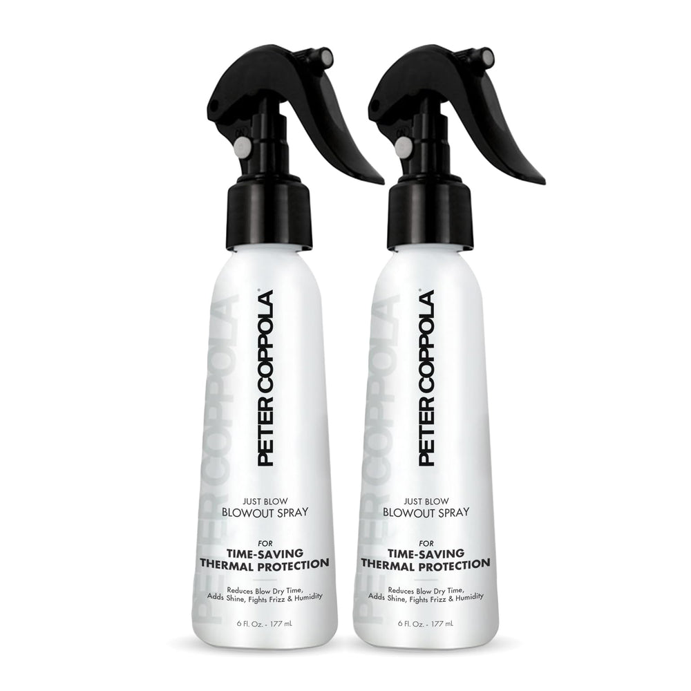 Peter Coppola Just Blow spray bottle for heat protection before styling.
