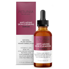 Petunia Skincare serum bottle close-up for anti-aging care.