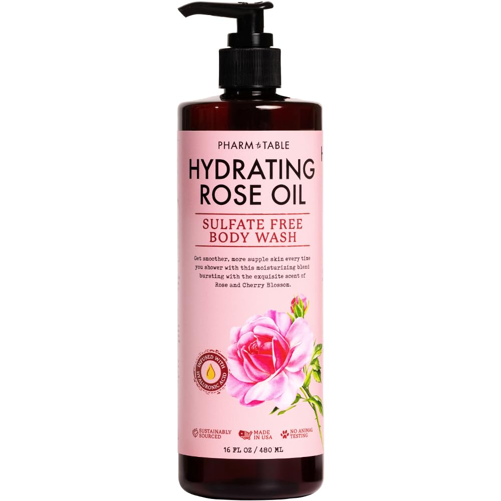 PHARM TO TABLE Hydrating Rose Oil Body Wash bottle for daily hydration and gentle cleansing.