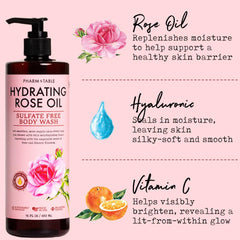 PHARM TO TABLE Hydrating Rose Oil Body Wash rose petals scent enhances a calming routine.