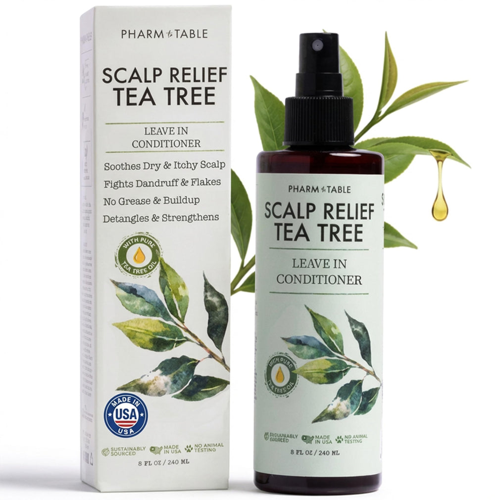 PHARM TO TABLE Leave-In Conditioner Tea Tree Spray Bottle delivers hydration for dry scalp and detangling.