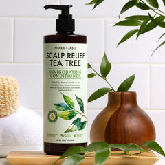 PHARM TO TABLE Tea Tree Conditioner hand-application scene highlights detangling and smoothness.