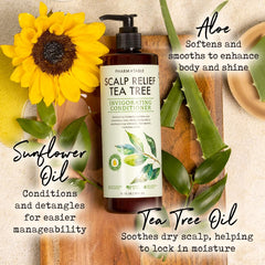 PHARM TO TABLE Tea Tree Conditioner with oils display promoting hydration and healthy sheen.